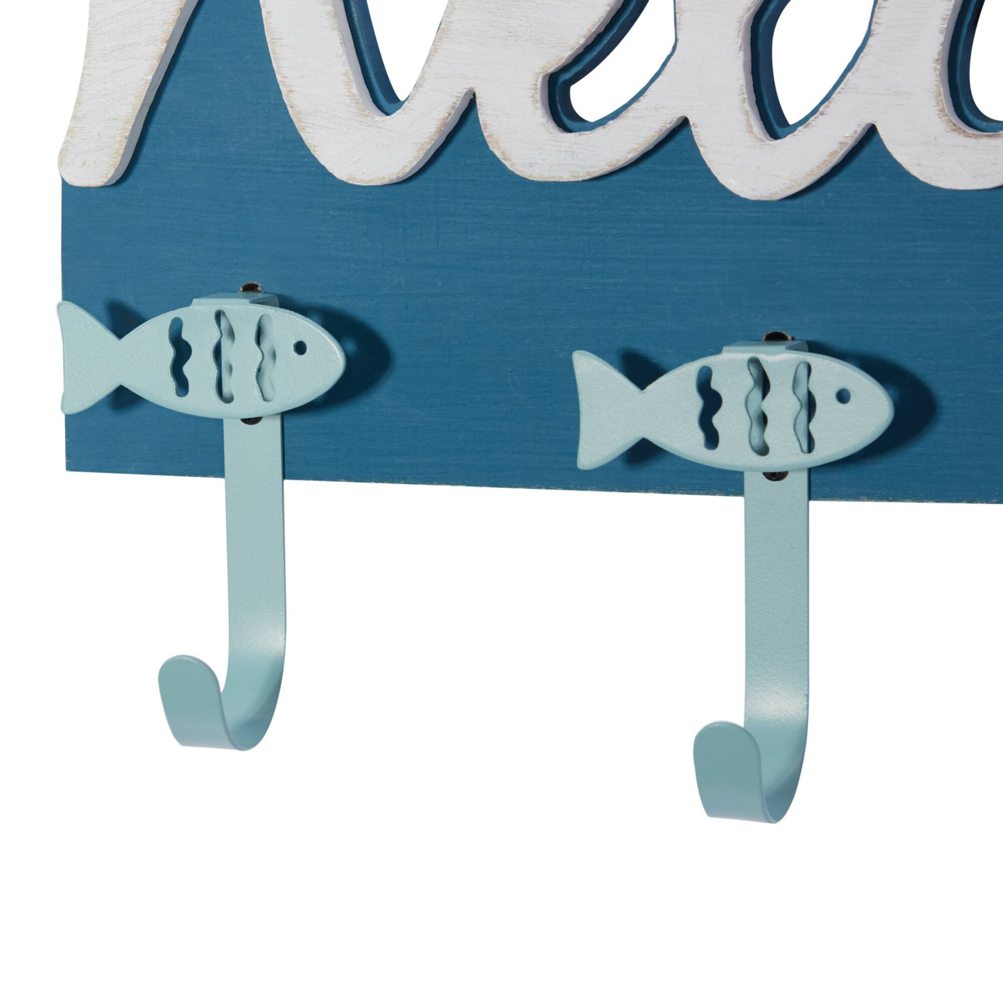 Blue Wood Coastal Wall Hook, 11" x 19" x 2"